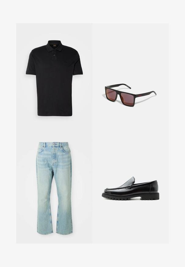 Schwarzes Polo-Shirt aus Baumwolle, mit klassischem Kragen, zwei Knöpfen und einem gestickten Logo auf der Brust. Kurze Ärmel.; Hellblaue, ausgestellte Jean mit hoher Taille, ausgestattet mit fünf Taschen, Gürtelschlaufen und einem ausgewaschenen Denim-Look.; Schwarzer Lederloafer mit grober Gummisohle, genähter Oberseite und geprägtem Markennamen an der Ferse, seitlich auf weißem Hintergrund gezeigt.; Schwarze rechteckige Sonnenbrille mit dunkelroten Gläsern, mit matter Oberfläche und rotem Logo am Bügel. Robuster Kunststoffrahmen.