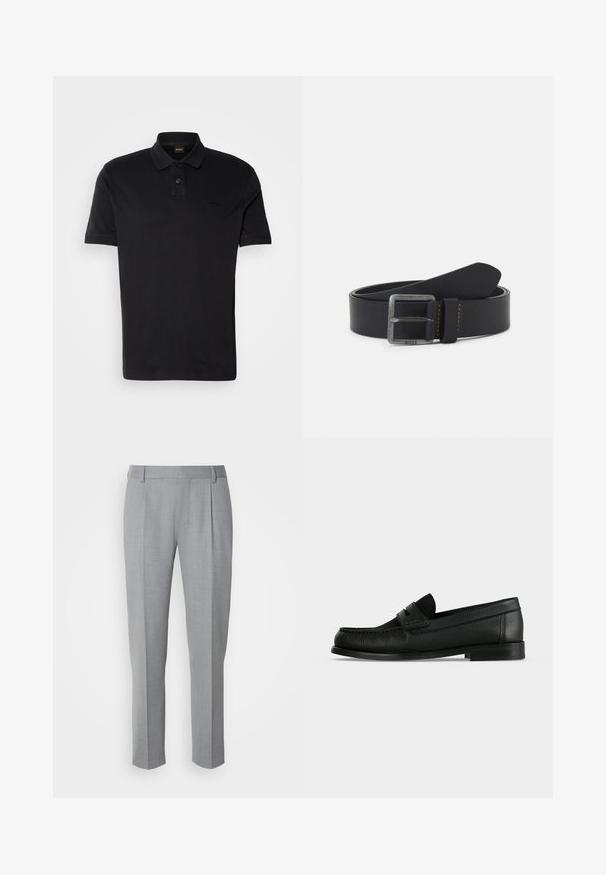 T-shirt polo noir en coton, avec un col classique, deux boutons et un logo brodé sur la poitrine. Manches courtes.; Pantalons gris sur mesure avec une texture lisse, présentant un devant plat, des jambes droites et de légères pinces pour plus de détail.; Mocassin penny en cuir noir avec surface texturée, petit talon et une lanière sur le dessus, présenté de profil sur un fond uni.; Ceinture en cuir noir avec une boucle en argent portant le logo de la marque, des coutures orange et une texture lisse. Design classique avec une finition élégante.