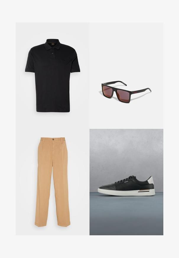 Schwarzes Polo-Shirt aus Baumwolle, mit klassischem Kragen, zwei Knöpfen und einem gestickten Logo auf der Brust. Kurze Ärmel.; Beige weite Hose aus weichem Stoff, mit zwei frontalen Taschen, einem Knopfverschluss und Bügelfalten entlang der Beine.; Schwarze Ledersneaker mit weißer Sohle, ausgestattet mit Perforationen, Schnürdesign, Logo an der Seite und kontrastierenden Fersendetails in Weiß und Braun.; Schwarze rechteckige Sonnenbrille mit dunkelroten Gläsern, mit matter Oberfläche und rotem Logo am Bügel. Robuster Kunststoffrahmen.