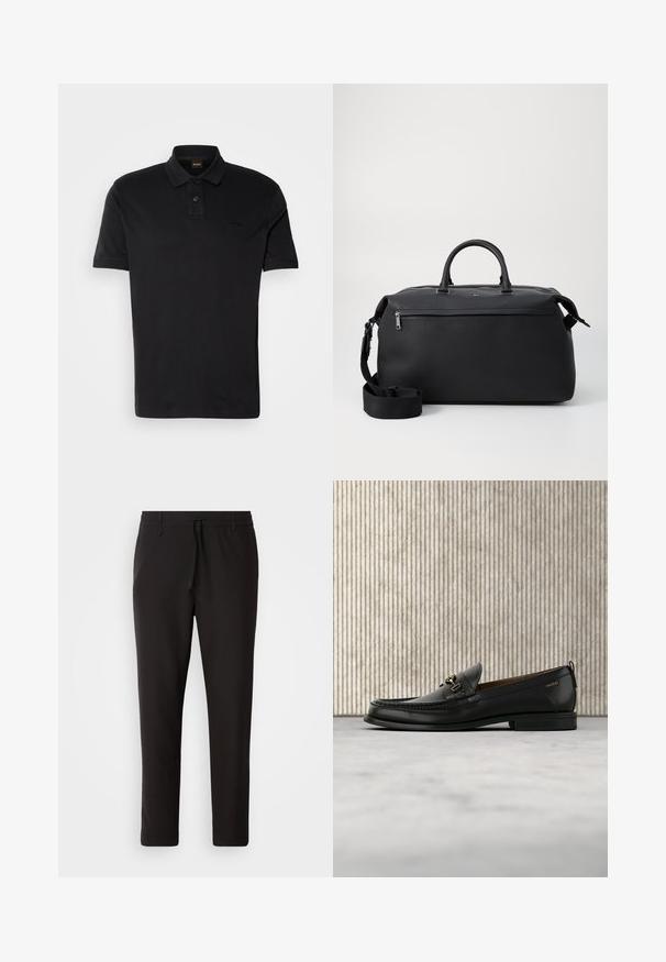 T-shirt polo noir en coton, avec un col classique, deux boutons et un logo brodé sur la poitrine. Manches courtes.; Pantalons de jogging noirs en tissu lisse. Dotés d'une taille élastique avec cordon de serrage, jambes fuselées, et sans poches visibles. Design simple.; Mocassin en cuir noir avec mors en métal doré et logo "HUGO", présenté sur un tapis beige et un meuble translucide marron.; Sac de voyage en cuir noir avec deux poignées supérieures, une bandoulière amovible et une poche avant zippée pour un espace de rangement supplémentaire.