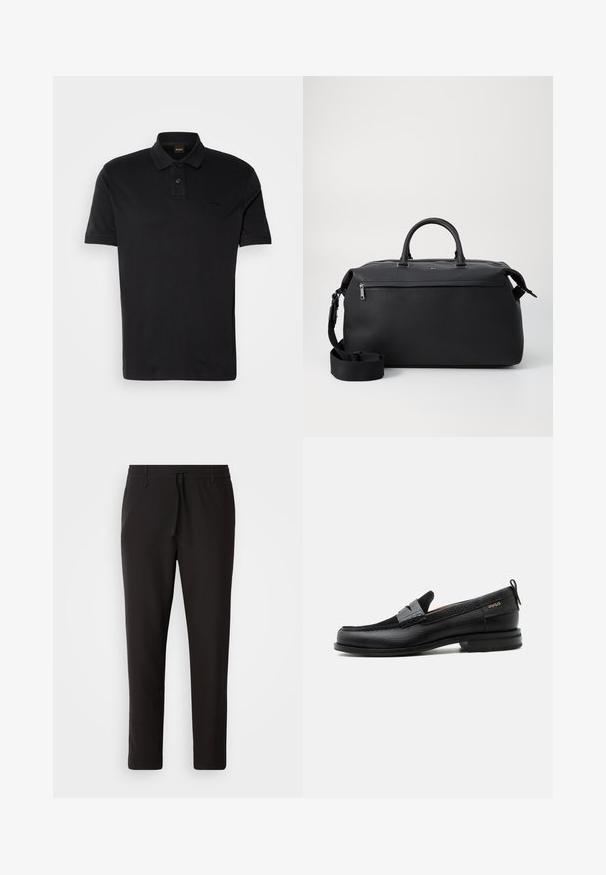 Schwarzes Polo-Shirt aus Baumwolle, mit klassischem Kragen, zwei Knöpfen und einem gestickten Logo auf der Brust. Kurze Ärmel.; Schwarze Jogginghose aus glattem Stoff. Mit einem elastischen Bund und Kordelzug, schmal zulaufenden Beinen und ohne sichtbare Taschen. Einfaches Design.; Schwarzer Lederloafer mit grauem Riemendetail, niedrigem Absatz und strukturierter Sohle, seitlich mit „HUGO“ in Gold gebrandmarkt.; Schwarze Leder-Reisetasche mit zwei Oberhandgriffen, einem abnehmbaren Schultergurt und einer Reißverschlusstasche auf der Vorderseite für zusätzlichen Stauraum.