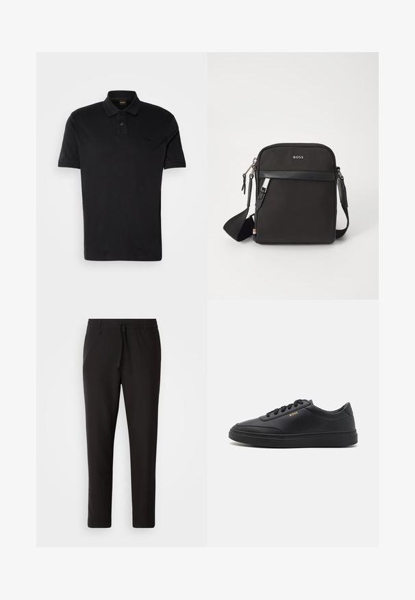 Polo negro de algodón, con un collar clásico, dos botones y un logo bordado en el pecho. Mangas cortas.; Pantalones de chándal negros de tejido suave. Cuentan con una cintura elástica con cordón, piernas ajustadas y sin bolsillos visibles. Diseño sencillo.; Zapatillas de cuero negro con una textura suave, punta redondeada, suela plana de goma y cordones a tono. Presentan el logotipo dorado "BOSS" en el lateral.; Bolso bandolero negro con un tejido texturizado, logo en la parte frontal, cierre de cremallera y correa ajustable. Presenta un ribete de cuero suave.