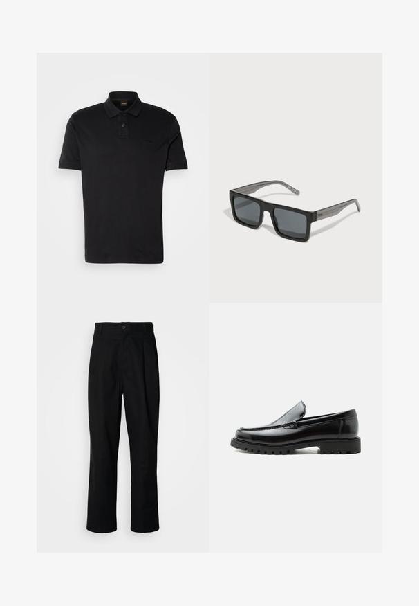 Schwarzes Polo-Shirt aus Baumwolle, mit klassischem Kragen, zwei Knöpfen und einem gestickten Logo auf der Brust. Kurze Ärmel.; Schwarze gerade geschnittene Hosen mit einem Knopfverschluss, Gürtelschlaufen und Vorderfalten, vor einem schlichten weißen Hintergrund präsentiert.; Schwarzer Lederloafer mit grober Gummisohle, genähter Oberseite und geprägtem Markennamen an der Ferse, seitlich auf weißem Hintergrund gezeigt.; HUGO Sonnenbrille - black