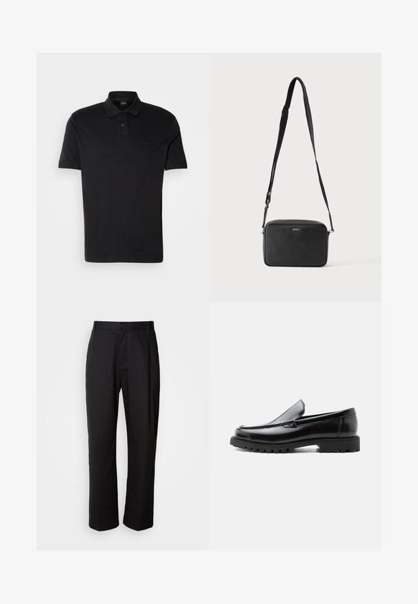 T-shirt polo noir en coton, avec un col classique, deux boutons et un logo brodé sur la poitrine. Manches courtes.; Pantalon noir à coupe droite, en tissu léger. Il dispose d'une fermeture à bouton sur le devant et de deux poches latérales ; texture lisse.; Mocassin en cuir noir avec semelle en caoutchouc épaisse, dessus cousu et nom de marque embossé sur le talon, présenté de profil sur fond blanc.; Sac bandoulière rectangulaire noir avec sangle réglable et logo BOSS sur le devant, sur un fond clair uni.
