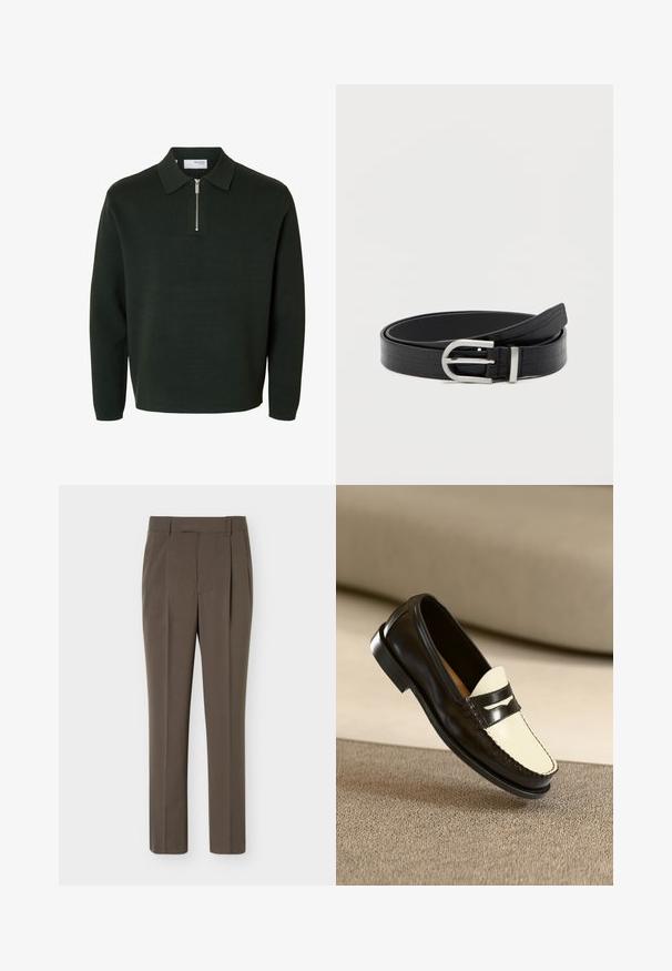 Mørkegrøn langærmet polo-sweater med lynlåslukning ved kraven og en lige kant nederst.; Brune skræddersyede bukser med bæltestropper, forreste plisseringer og skjult lukning, vist på en ensfarvet lys baggrund.; Sort læderloafer med en cremefarvet vamp og sorte accentstriber, som har en lav hæl og detaljeret syning langs kanterne.; Sort faux læderbælte med krokodillemønster og en sølvfarvet rund spænde, snoet på en ensfarvet hvid baggrund.
