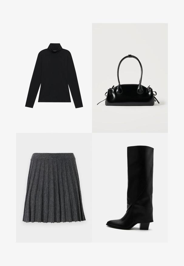 Zwarte langetermijn turtleneck. Zachte stof, getailleerd design, hoge kraag en zijnaad. Eenvoudige en veelzijdige stijl die geschikt is voor het laagjes dragen.; Vero Moda Knitted VMMARINA Short - Minirok - dark grey; Hoge zwarte leren laars met schuine stiksels, puntige neus en stevige hak van gemiddelde hoogte op witte achtergrond.; Kleine zwarte glanzende handtas met twee lange hengsels en zijkant trekkoord details op een effen lichte achtergrond.