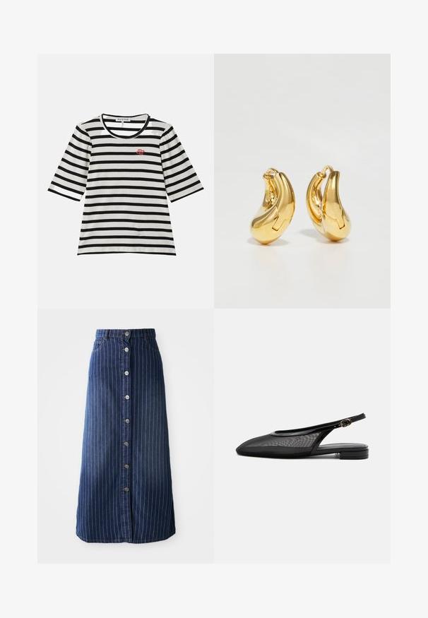 Stribet T-shirt med korte ærmer, der har en sort og hvid ribbet tekstur, rund halsudskæring og et lille rødt logo på venstre bryst.; Mørk denim maxi nederdel med lodrette hvide striber, knaplukning foran og en let udvidelse i kanten. Har fem knapper og kontrastsyning.; Sort slingback flad sko med spids tå, mesh overdel, justerbar spænde rem og lav stablet hæl på hvid baggrund.; Guldringeøreringe med en glat, buet form og poleret overflade. Udstyret med en lukkeanordning og lette fordybninger for detaljer.