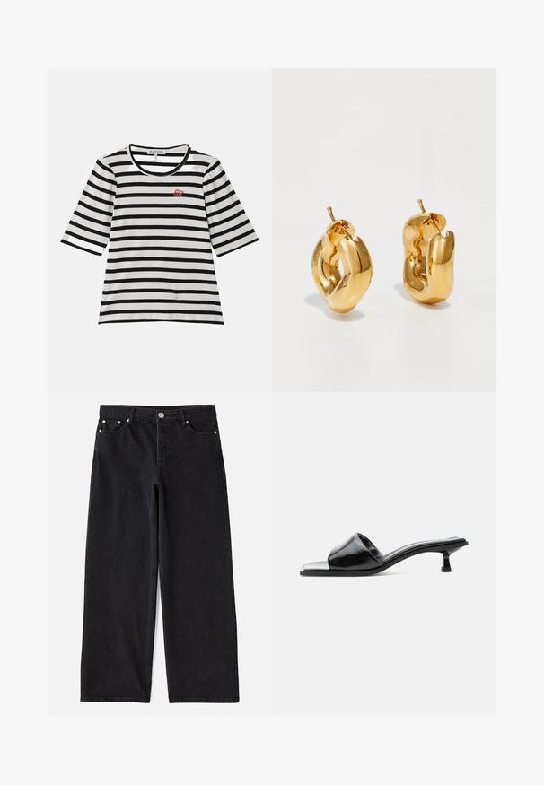 Stribet T-shirt med korte ærmer, der har en sort og hvid ribbet tekstur, rund halsudskæring og et lille rødt logo på venstre bryst.; Sorte denim wide-leg jeans med fem lommer, knaplukning og sølvhardware. Har en ren, skræddersyet silhuet og subtil tekstur.; Sort laklæder mule med åben tå, lav kittenhæl og bred rem over tæerne, vist i sideprofil mod en ensfarvet baggrund.; Chunky guld hoop øreringe med et let snoet, rørformet design og postsystem bagpå, på en hvid baggrund.