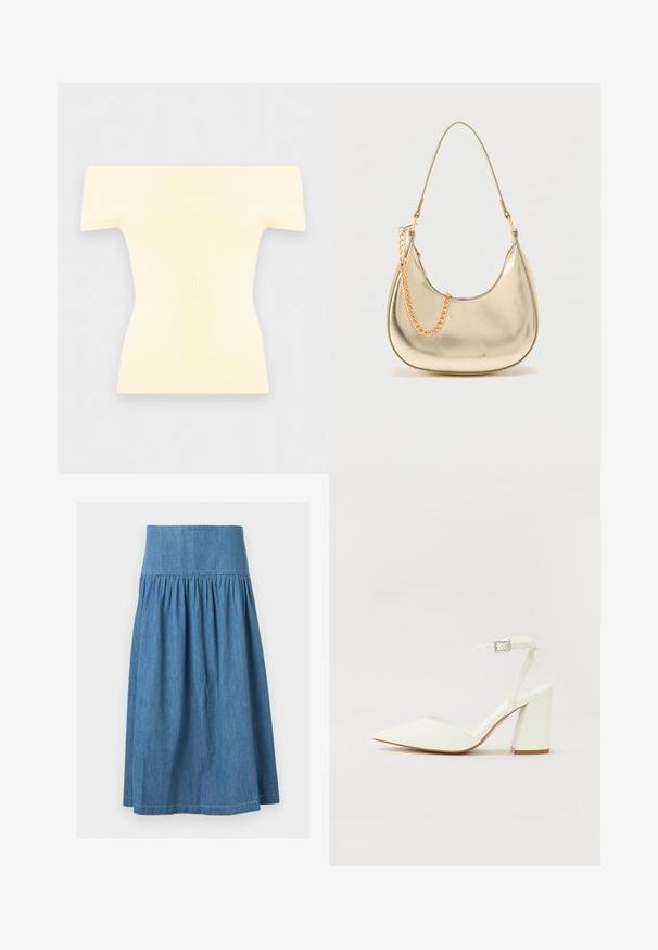 Haut court crème en tricot côtelé à épaules dénudées et à manches courtes avec une silhouette cintrée à la taille sur un fond gris clair.; Jupe en denim bleu mi-longue avec une large ceinture élastique et un tissu froncé pour une silhouette légèrement évasée.; Sandale blanche à talon avec un bout pointu, sangle de cheville réglable et un talon carré épais. Texture lisse avec des détails de couture minimaux.; Sac à main doré métallique avec une texture lisse, une forme incurvée et un accent chaîne sur la bandoulière. Dispose d'une seule bandoulière pour le porter à l'épaule.