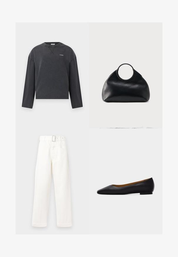 CLOSED CREWNECK LONGSLEEVE - Camiseta de manga larga - black; CLOSED Pernera ancha - ivory; Zapato plano de punta puntiaguda de cuero negro con tacón bajo y acabado liso, mostrado de perfil sobre un fondo gris claro.; Bolso de cuero negro con forma redondeada y asa superior circular envuelta en costura de cuero a juego.