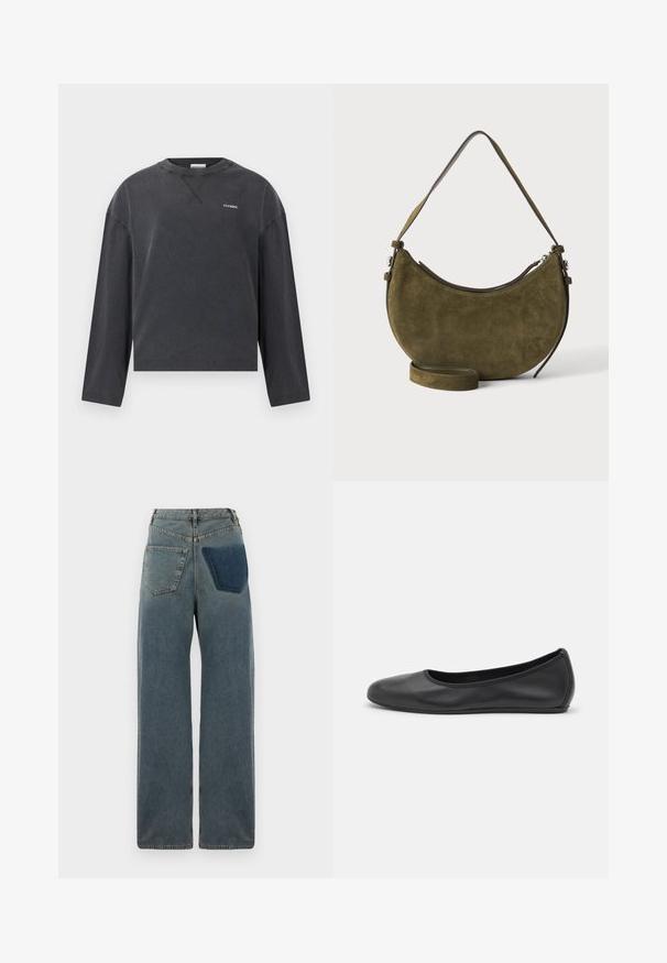CLOSED CREWNECK LONGSLEEVE - Camiseta de manga larga - black; Jeans de pierna ancha hechos de denim, con un lavado azul claro, dos bolsillos traseros y un bolsillo de parche en un azul más oscuro en el lado derecho.; Bailarina de piel negra con punta redondeada, textura suave, detalle de costura minimalista y diseño de suela flexible.; Bolso de mano de ante verde oliva en forma de media luna con una correa corta para el hombro y una correa larga ajustable adicional, cierre de cremallera en la parte superior.