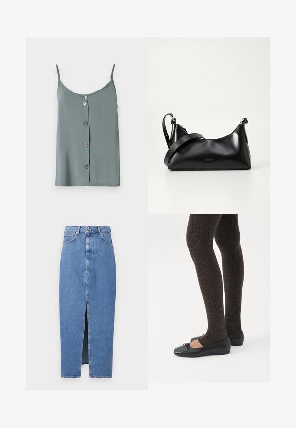 Haut sans manches de couleur vert clair avec un col rond et une fermeture à boutons à l'avant, comportant cinq boutons ronds et lisses. Tissu doux avec une coupe décontractée.; Jupe midi en denim bleu clair avec une fente avant, design classique à cinq poches et fermeture par bouton supérieur. Le tissu présente une légère texture.; Jambes portant des leggings côtelés foncés associés à des ballerines noires avec de petits détails en nœud sur fond blanc.; Sac à main en cuir noir avec une texture lisse. Dispose d'une bandoulière adjustable et d'un design élégant et minimaliste avec une fermeture éclair.