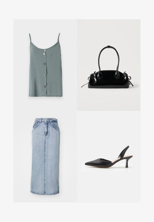 Haut sans manches de couleur vert clair avec un col rond et une fermeture à boutons à l'avant, comportant cinq boutons ronds et lisses. Tissu doux avec une coupe décontractée.; Jupe midi en denim bleu clair avec une taille ajustée, une couture frontale et des poches latérales ; présente une texture légèrement délavée.; Chaussure slingback en cuir noir avec un bout pointu, un talon fin et un design épuré, présentant une silhouette élégante et une texture lisse.; Petit sac à main noir brillant avec deux longues anses et des détails à cordon sur les côtés sur un fond clair uni.