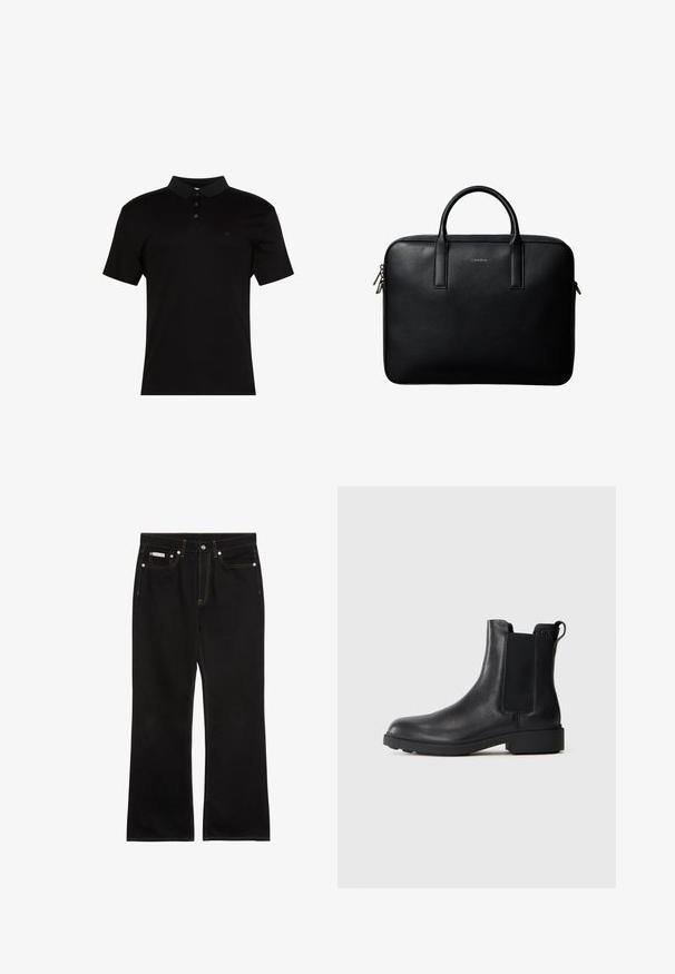 Zwart poloshirt van glad materiaal, met een kraag, een knoopsluiting met drie knopen en een klein logo op de linkerborst.; Zwarte jeans met rechte pijpen, oranje stiksels, vijf zakken, knoopsluiting en een klein Calvin Klein-label op de voorste rechterzak.; Zwarte leren enkelboot met elastische zijpanelen, trekhaak op de hiel en een lage blokzool tegen een effen achtergrond.; Zwarte gestructureerde leren aktetas met dubbele handvatten en zilveren ritstrekkers, gecentreerd op een witte achtergrond.