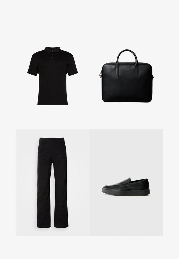 Polo noir en tissu lisse, avec un col à revers, une patte à trois boutons et un petit logo sur le côté gauche de la poitrine.; Pantalons en coton noir avec une coupe droite, dotés d'une fermeture à bouton et de passants de ceinture. Texture lisse et style minimaliste sans motifs visibles.; Calvin Klein HYBRID CUP - Chaussons - triple black; Mallette en cuir noir texturé avec double poignées et tirettes de fermeture éclair argentées, centrée sur fond blanc.