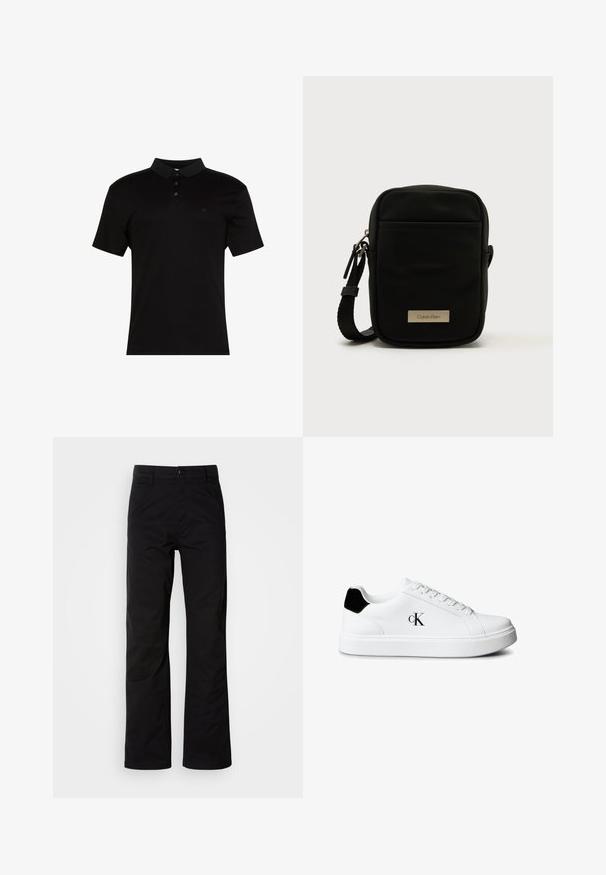 Polo negro de tela suave, con cuello de solapa, tapeta con tres botones y un pequeño logo en el lado izquierdo del pecho.; Pantalones de algodón negros con un diseño de pierna recta, que cuentan con un cierre de botón y lazos para cinturón. Textura suave y estilo minimalista sin patrones visibles.; Zapatilla blanca de corte bajo con pestaña negra en el talón y logo "cK" en el lateral, con cordones blancos y suela blanca gruesa.; Bolso bandolera de nylon negro con textura y forma rectangular, que cuenta con un bolsillo delantero con cremallera y una placa metálica con el logo. Incluye una correa ajustable.