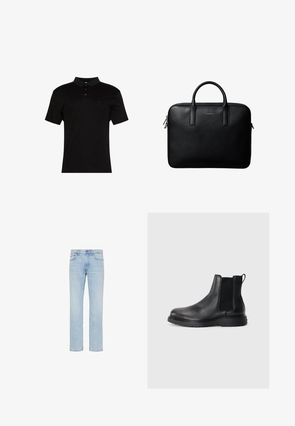 Polo noir en tissu lisse, avec un col à revers, une patte à trois boutons et un petit logo sur le côté gauche de la poitrine.; Jean denim bleu clair coupe droite avec bouton sur le devant, fermeture éclair et design cinq poches, présenté sur fond blanc.; Bottes Chelsea en cuir noir avec une finition texturée, des panneaux latéraux élastiques et une semelle en caoutchouc robuste. Branding subtil sur le talon.; Mallette en cuir noir texturé avec double poignées et tirettes de fermeture éclair argentées, centrée sur fond blanc.