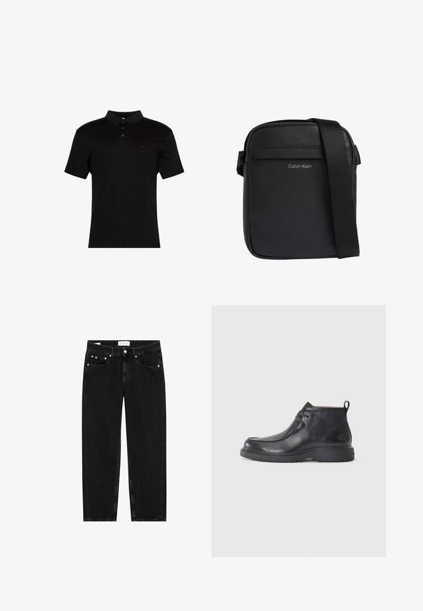 Polo negro de tela suave, con cuello de solapa, tapeta con tres botones y un pequeño logo en el lado izquierdo del pecho.; Vaqueros de mezclilla negra con un corte recto, textura ligeramente desgastada, cinco bolsillos y detalles en metal plateado. Etiqueta en la cintura.; Botas de cuero negras hasta el tobillo con punta redondeada, diseño con cordones y una lengüeta en la parte trasera. Parte superior texturizada y suela de goma.; Bolso bandolera negro de Calvin Klein con superficie texturizada y correa de hombro ajustable.