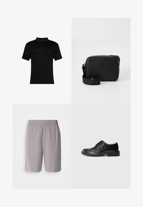 Polo negro de tela suave, con cuello de solapa, tapeta con tres botones y un pequeño logo en el lado izquierdo del pecho.; Calvin Klein PULL ON - Shorts - steeple gray; Zapato oxford de cuero negro con punta redonda, cordones en la parte frontal y tacón bajo y apilado sobre un fondo claro y liso.; Bolso bandolera de cuero negro texturizado con una amplia asa de tela de marca Calvin Klein y un pequeño logo cK grabado en la parte frontal.