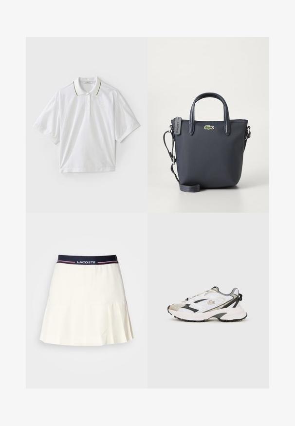 T-shirt polo blanc à manches courtes, avec une patte de boutonnage, des accents de col verts et jaunes, et des détails en mesh sur les côtés. Logo LACOSTE présent.; Jupe plissée blanche avec une ceinture marine arborant un logo Lacoste et des accents rouges. Fabriquée dans un matériau lisse et doux.; Baskets blanches et grises avec un dessus en mesh, accents noirs et semelle texturée. Comprend des lacets, un logo et des éléments de design contrastants.; Sac à main bleu marine en tissu texturé, avec deux poignées supérieures et une bandoulière détachable. Il présente un petit logo Lacoste et une fermeture éclair.