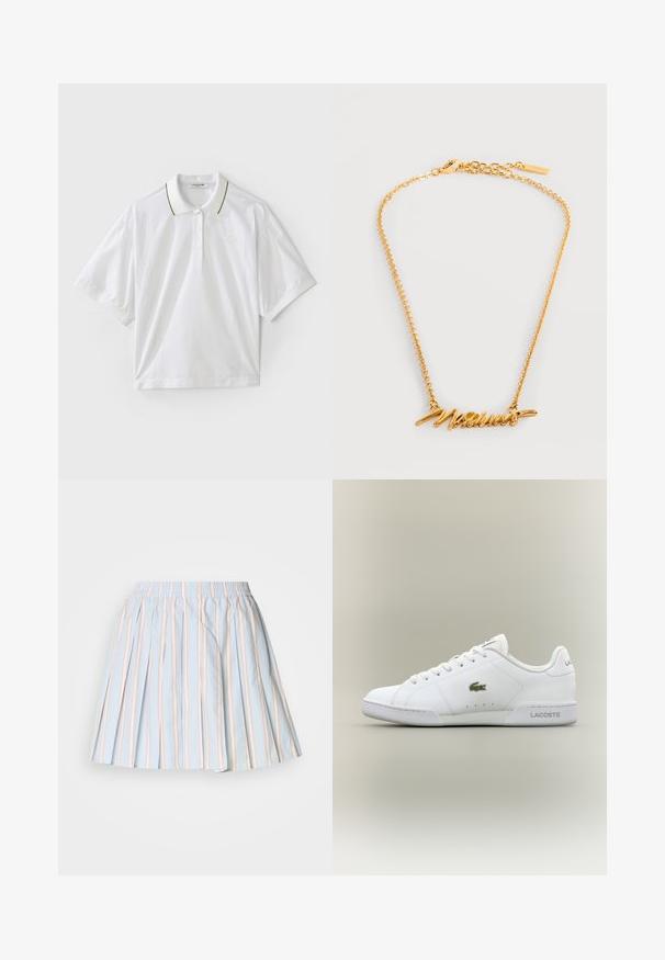 Weißes Polohemd mit kurzen Ärmeln, ausgestattet mit einer Knopfleiste, grünen und gelben Kragenakzenten sowie seitlichen Mesh-Details. LACOSTE-Logo vorhanden.; Hellblauer, plissierter Rock mit vertikalen Streifen in Pink und Weiß. Hat einen elastischen Bund. Hergestellt aus einem glatten, leichten Stoff.; Weiße Sportschuhe aus synthetischem Leder, mit einem grünen gestickten Krokodil-Logo, Schnürdesign und minimalistischer Silhouette.; Halskette in Goldoptik mit einem Anhänger in Schreibschrift, zartem Kettenband und Karabinerverschluss.