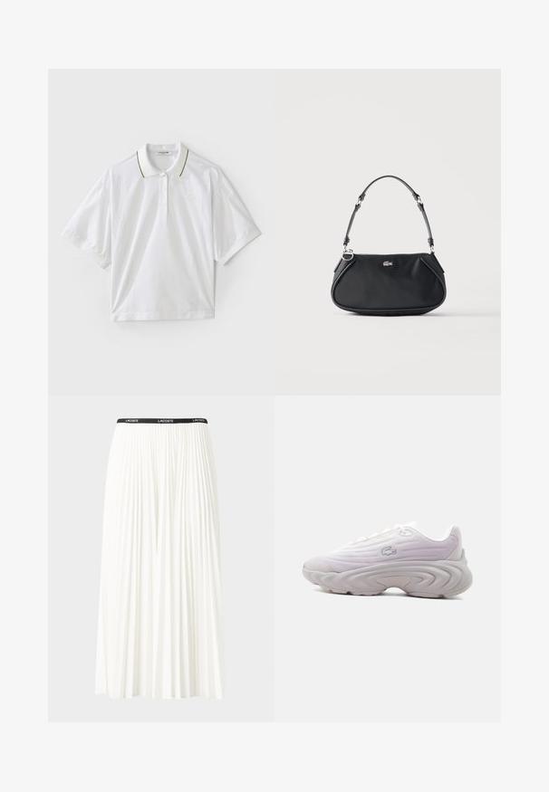 Hvid polo skjorte med korte ærmer, med en knaplukning, grønne og gule krave accenter og mesh-detaljer i siderne. LACOSTE logo til stede.; Plisseret hvid nederdel med en sort elastisk talje, der har "LACOSTE"-logoet. Mellemlang design med blød tekstur.; Hvid lavtop sneaker med tekstureret sål og krokodille-logo på siden, glat stofoverdel og snørelukning, vist fra venstre side.; Sort skuldertaske med justerbar rem, lynlås og lille sølv krokodille logo foran i midten.