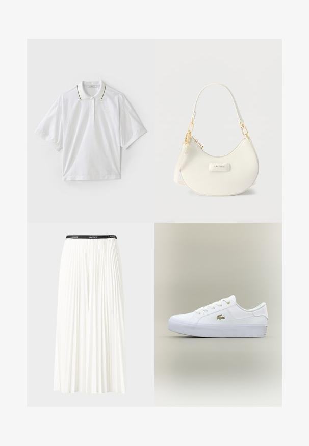 T-shirt polo blanc à manches courtes, avec une patte de boutonnage, des accents de col verts et jaunes, et des détails en mesh sur les côtés. Logo LACOSTE présent.; Jupe plissée blanche avec une taille élastique noire portant le logo "LACOSTE". Design mi-long avec une texture douce.; Baskets basses blanches avec semelle épaisse, fermeture à lacets à l'avant et petit logo crocodile doré sur le côté.; Sac d'épaule blanc en forme de croissant avec des pièces métalliques dorées, fermeture éclair, et logo "LACOSTE" sur le panneau avant.