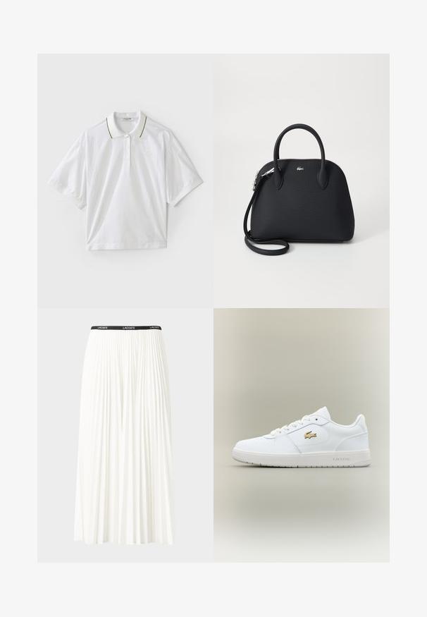 Valge lühikeste varrukatega polo särk, millel on nupuga kaelus, roheline ja kollane kaeluse aktsent ning külgedel võrgusilma detailid. LACOSTE logo on esindatud.; Kurtitudega valge seelik musta elastse vööga, millel on "LACOSTE" logo. Keskmise pikkusega disain pehme tekstuuriga.; Valge nahast tossud, millel on madala profiiliga disain, ümar nina, nööridega kinnitamine ja kuldne Lacoste logo aktsent küljel.; Must mustre, mille tekstuuriga käekott, millel on kaks ülemist sangat ja eemaldatav õlavarre rihm, ning hõbedane logo aksessuaar.