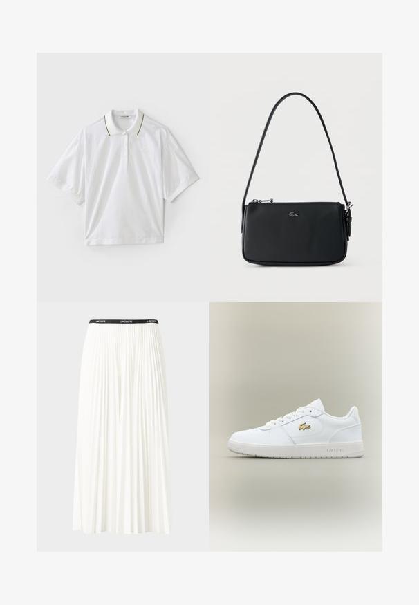 Witte polo met korte mouwen, voorzien van een knoopsluiting, groene en gele kraagaccenten en zijkanten van mesh. LACOSTE-logo aanwezig.; Plisséminirok in het wit met een zwarte elastische tailleband met het "LACOSTE"-logo. Middellange ontwerp met een zachte textuur.; Witte leren sneakers met een laag ontwerp, ronde neus, vetersluiting en een gouden Lacoste-logoaccent aan de zijkant.; Zwarte gestructureerde schoudertas met zilveren rits en klein zilveren krokodillenlogo aan de voorkant tegen een effen achtergrond.