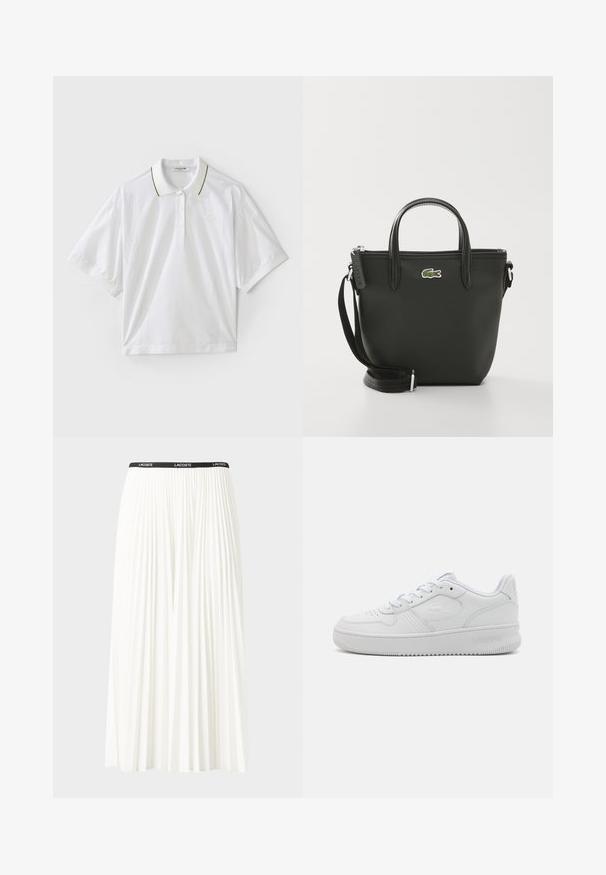 Camisa polo blanca de manga corta, con un tapeta abotonada, acentos en el cuello en verde y amarillo, y detalles de malla en los laterales. Logo de LACOSTE presente.; Falda blanca plisada con una cinturilla elástica negra que presenta el logotipo "LACOSTE". Diseño de longitud media con textura suave.; Zapatillas de cuero blanco con diseño bajo, superficie texturizada, punta redonda, perforaciones para la transpirabilidad y logotipo grabado en el lateral.; Bolso tote sintético negro con asas superiores dobles, correa de hombro desmontable, cierre de cremallera y un acento del logo del cocodrilo verde de Lacoste.