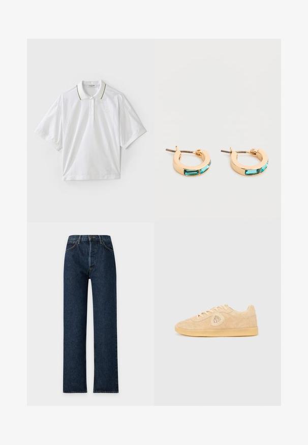Camisa polo blanca de manga corta, con un tapeta abotonada, acentos en el cuello en verde y amarillo, y detalles de malla en los laterales. Logo de LACOSTE presente.; Vaqueros de mezclilla azul oscuro con pierna recta, bolsillos delanteros y cierre de botón, mostrados planos sobre un fondo claro.; Zapatilla de ante beige con puntera redonda, superficie texturizada, sistema de cordones y parche decorativo con logo en el lateral. Suela de goma.; Pendientes de aro dorados con dos piedras preciosas rectangulares turquesas en cada uno, exhibidos sobre un fondo blanco.