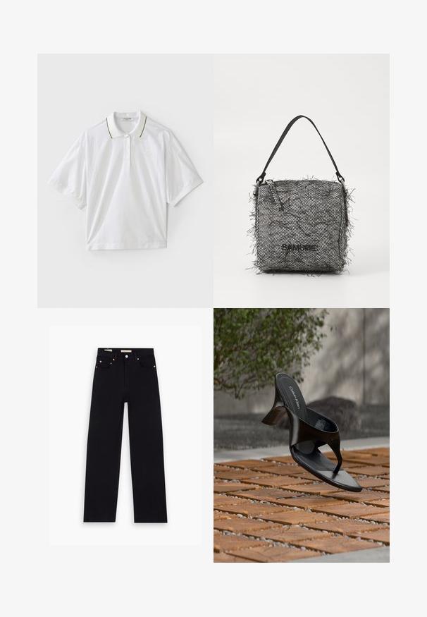 Weißes Polohemd mit kurzen Ärmeln, ausgestattet mit einer Knopfleiste, grünen und gelben Kragenakzenten sowie seitlichen Mesh-Details. LACOSTE-Logo vorhanden.; Schwarze Denim-Jeans mit geradem Schnitt, fünf Taschen, Kupferbeschlägen und einer glatten Textur. Zwei Etiketten sind am Bund sichtbar.; Schwarze Calvin Klein Riemchensandale mit Absatz, schwebend über einer gefliesten Außenfläche mit Grünpflanzen und einer Betonwand im Hintergrund.; Geflochtener Tasche in Schwarz-Weiß mit Fischgrätenmuster und fransigen Kanten, ausgestattet mit einem dünnen Schultergurt und einem Logo auf der Vorderseite.