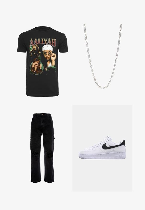 Zwarte katoen t-shirt met afbeeldingen van Aaliyah, met witte en groene grafische elementen en vet rood lettertype voor de naam "AALIYAH."; Zwarte denim jeans met een losse pasvorm, voorzien van versleten scheuren aan de voorkant, vijf zakken en een knoopsluiting bij de taille.; Witte leren sneaker met een gestructureerde zwarte Swoosh, platte veters en een rubberen zool met een geribbeld patroon. "AIR" is in de hak geperst.; Zilveren ketting met in elkaar grijpende schakels, een gladde textuur en een uniforme rechthoekige vorm. Veilige sluiting.