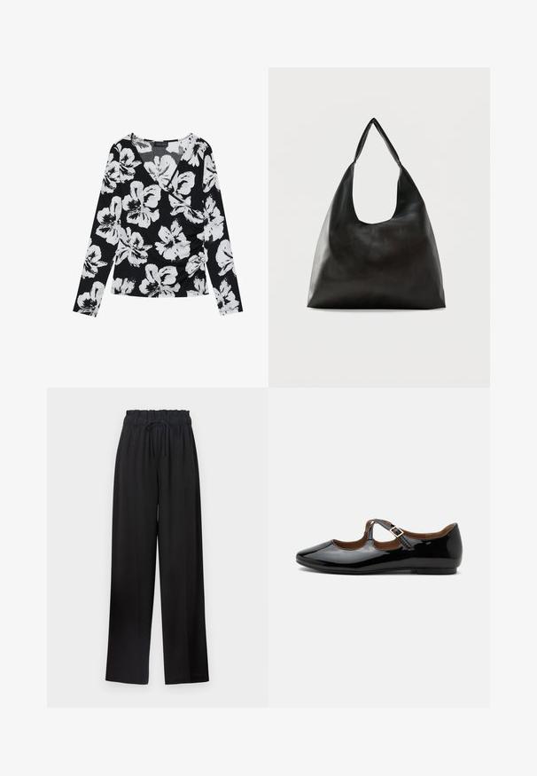 Haut noir à manches longues avec un motif floral blanc, décolleté en V et détail froncé sur le côté, fabriqué en tissu texturé.; Pantalons noirs à jambes larges avec une taille élastique et un cordon de serrage. Fabriqués à partir d'un tissu lisse sans motifs ni éléments métalliques visibles.; Chaussure plate Mary Jane en cuir verni noir avec deux découpes et une bride à boucle dorée sur fond blanc.; Sac bandoulière en cuir noir lisse avec une large sangle unique et un design décontracté et minimaliste sur un fond uni.