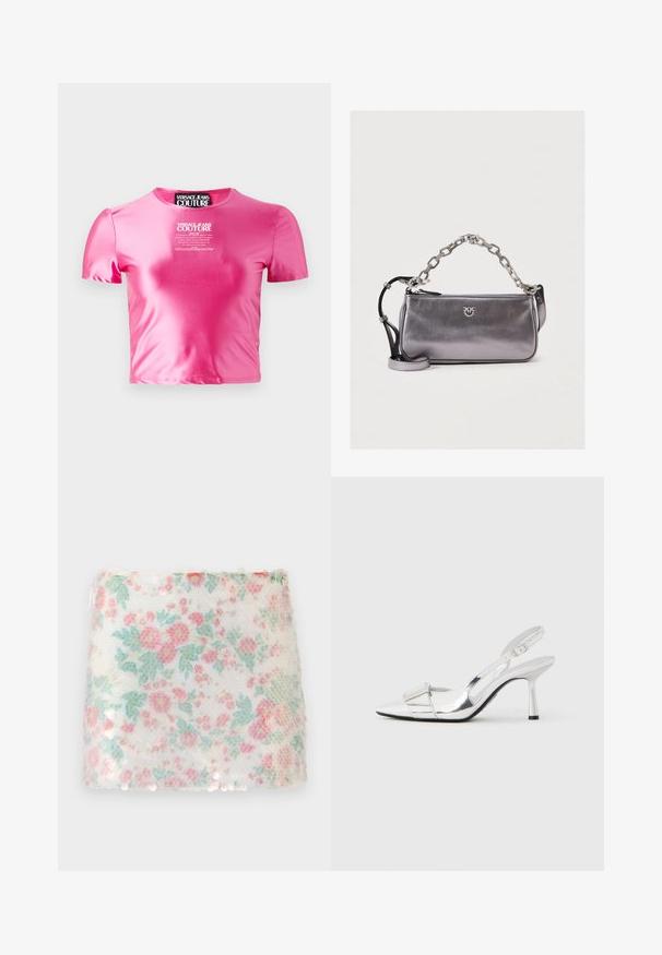 Rosa bauchfreies T-Shirt aus einem glatten, glänzenden Stoff. Verfügt über kurze Ärmel und einen runden Halsausschnitt mit einem weißen Textlogo in der Mitte.; Stoff mit floralem Muster in Weiß, verziert mit zarten rosa und grünen Blumen. Die Oberfläche ist strukturiert und entlang des unteren Randes sind subtile Pailletten eingearbeitet.; Silberne Slingback-Pumps mit spitz zulaufender Zehenpartie, glänzendem Finish und einem rechteckigen Akzent vorne, ausgestattet mit einem schlanken Absatz und verstellbarem Riemen.; Metallisch silberne Handtasche mit elegantem Design, ausgestattet mit einem Kettenhenkel und schwarzen Akzenten. Mit Reißverschluss und Logodetails auf der Vorderseite.