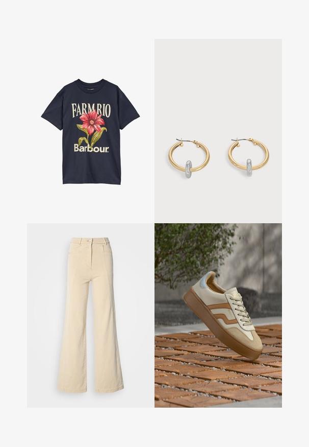 Μπλε ναυτικό T-shirt με μεγάλο ροζ λουλουδάτο σχέδιο, το κείμενο "FARMRIO" πάνω και το λογότυπο "Barbour" κάτω από το λουλούδι στο μπροστινό μέρος.; Beige παντελόνι τζιν σε φαρδιά γραμμή με ψηλή μέση, μπροστινές τσέπες και αντίθετη ραφή, διαθέτει κλείσιμο με κουμπί και λεία βαμβακερή υφή.; Μπεζ δερμάτινο αθλητικό παπούτσι με υφή από ταμπά σουέτ στο μπροστινό μέρος. Διαθέτει μπεζ κορδόνια και καφέ λαστιχένια σόλα, με χρυσές λεπτομέρειες εμπορικού σήματος και ραφές.; Ζευγάρι σκουλαρίκια κρίκοι σε χρυσό τόνο με μικρή ασημένια λεπτομέρεια σε κάθε έναν, εμφανίζονται πάνω σε ανοιχτό γκρι φόντο.