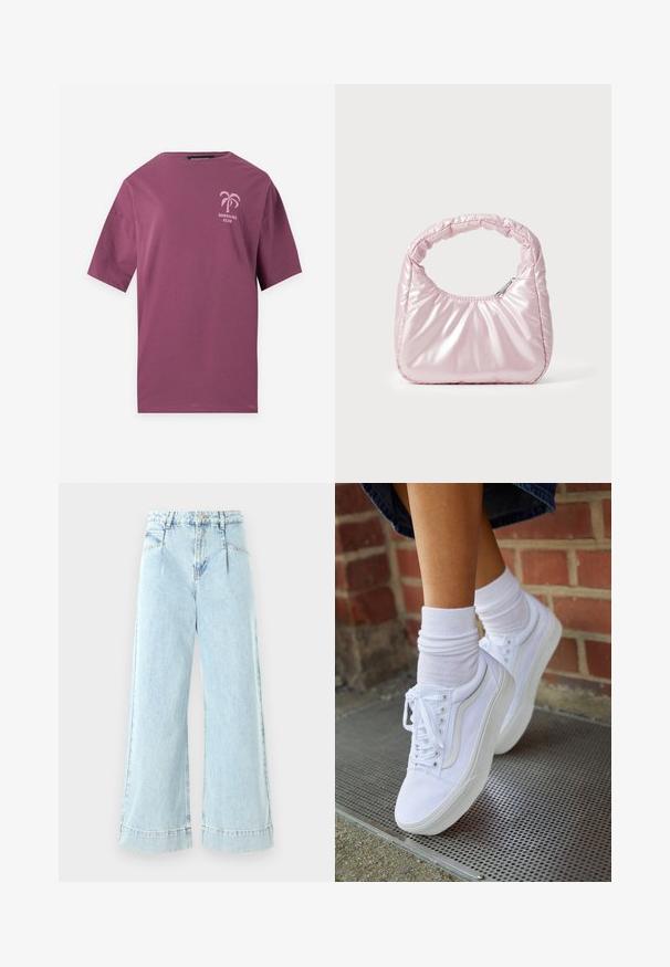 Paars T-shirt met korte mouwen met een kleine roze palmboom en de tekst "Sunshine Club" op de linkerborst.; Lichtblauwe wijde jeans gemaakt van denim, met een hoge taille, voorzakken en gestikte accenten aan de zoom.; Witte canvas sneakers met rubberen zolen, voorzien van zes vetertjes, een ronde neus en lichte stikdetails, gecombineerd met witte enkelsokken.; Roze, gevoerde handtas met een afgeronde vorm, gemaakt van glanzend materiaal. Beschikt over een geplooide handgreep en een ritssluiting voor veilige toegang.