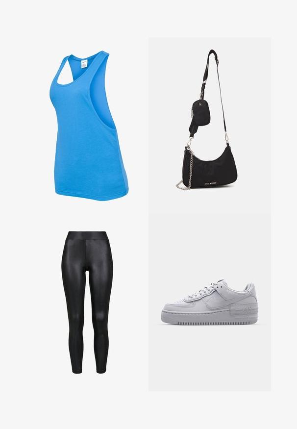 Débardeur bleu en tissu doux et léger. Présente un design dos nageur et de larges emmanchures, idéal pour une tenue décontractée ou des activités sportives.; Leggings noirs avec une finition brillante, taille haute et design sans couture. Le tissu semble lisse et moulant.; Basket en cuir lisse gris Nike Air Force 1 avec un bout perforé, une semelle épaisse et un détail 'AIR' en relief sur le talon.; Sac en nylon noir à l'épaule avec une forme incurvée, accent en chaîne argentée, pochette mini amovible et bandoulière ajustable ; présente le logo "Steve Madden".