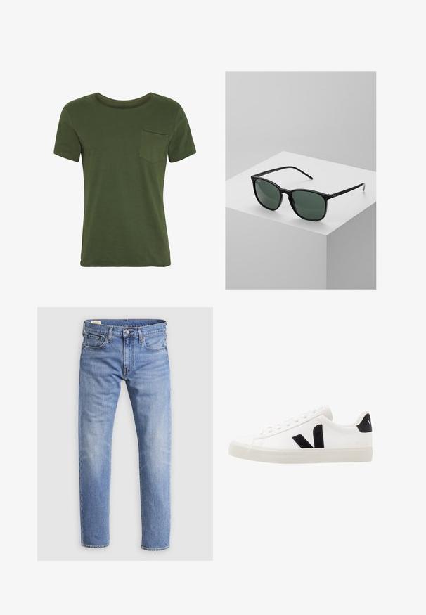 T-shirt vert olive à manches courtes avec col rond, petite poche poitrine côté gauche et détails de couture simples.; Jean en denim bleu clair avec fermeture à boutons sur le devant, passants de ceinture et design à cinq poches, présenté sur un fond blanc uni.; Sneaker blanche en cuir avec des accents en daim noir ; dispose d'une semelle en caoutchouc, d'un bout rond et d'un design classique à lacets. Logo latéral en noir.; Lunettes de soleil rectangulaires noires avec des verres vert foncé, dotées d'une monture en plastique léger et d'accents argentés sur les branches.