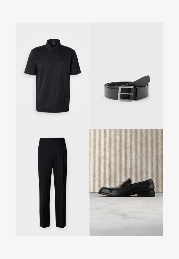 Polo noir en tissu lisse, doté d'un col classique, d'une patte à trois boutons et d'un petit logo sur la poitrine. Manches courtes.; Pantalon noir droit sur mesure avec passants de ceinture et plis avant, présenté sur un fond clair uni.; Mocassin en cuir noir avec un accent métallique, présenté en lévitation au-dessus d'un tapis beige, avec une table ronde de couleur ambre en arrière-plan.; Ceinture en cuir noir enroulée avec une boucle métallique rectangulaire argentée gravée "BOSS" sur un fond gris clair.