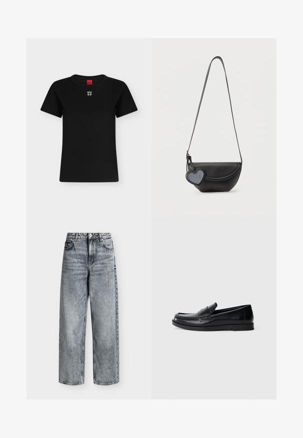 Zwart T-shirt met korte mouwen en ronde hals met wit "HUGO"-logo gecentreerd vlakbij de kraag, rood label binnenin de hals.; Jeans met hoge taille en rechte pijpen in vervaagde grijze denim met voorzakken, riemlussen en een knoopsluiting.; Zwarte leren instappers met een gestikte accentontwerp, ronde neus, platte rubberen zool en een gladde afwerking. Klassieke, veelzijdige silhouet.; Zwarte leren schoudertas met afgeronde klep en een hangende hartvormige hanger, afgebeeld tegen een effen lichte achtergrond.