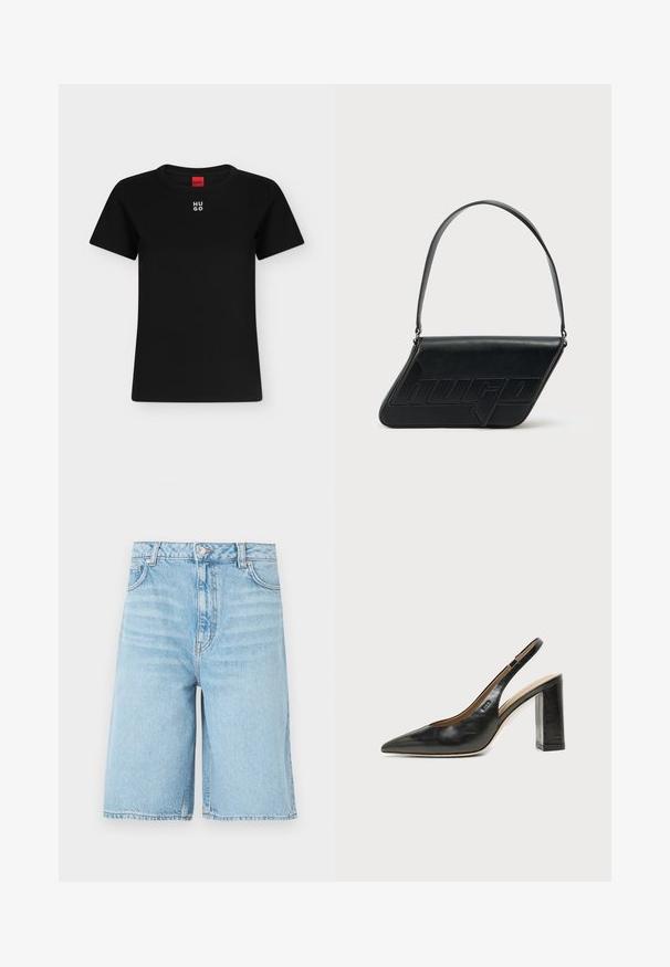 Zwart T-shirt met korte mouwen en ronde hals met wit "HUGO"-logo gecentreerd vlakbij de kraag, rood label binnenin de hals.; Lichtblauwe denim shorts tot op de knie met voorste knoop, ritssluiting, gordelbanden en zijzakken op een witte achtergrond.; Zwarte leren slingback schoen met spits toelopend neusje, hoge blokhak en beige binnenvoering tegen een effen lichte achtergrond.; Zwarte leren schoudertas met een driehoekige vorm, geperst logo en een enkele verstelbare riem. Minimalistisch ontwerp met een gladde textuur.