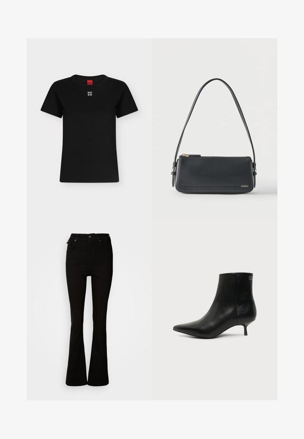 T-shirt noir à manches courtes avec col rond et logo blanc "HUGO" centré près du col, étiquette rouge à l'intérieur de l'encolure.; Jean noir évasé en denim, avec une taille haute, des poches avant, et un design classique à cinq poches avec des accents en métal.; Bottine en cuir noir avec bout pointu et petit talon kitten sur fond clair, vue côté extérieur.; Sac à bandoulière rectangulaire en cuir noir avec fermeture éclair dorée et petit logo "HUGO" doré sur le devant, doté d'une sangle réglable avec boucle.
