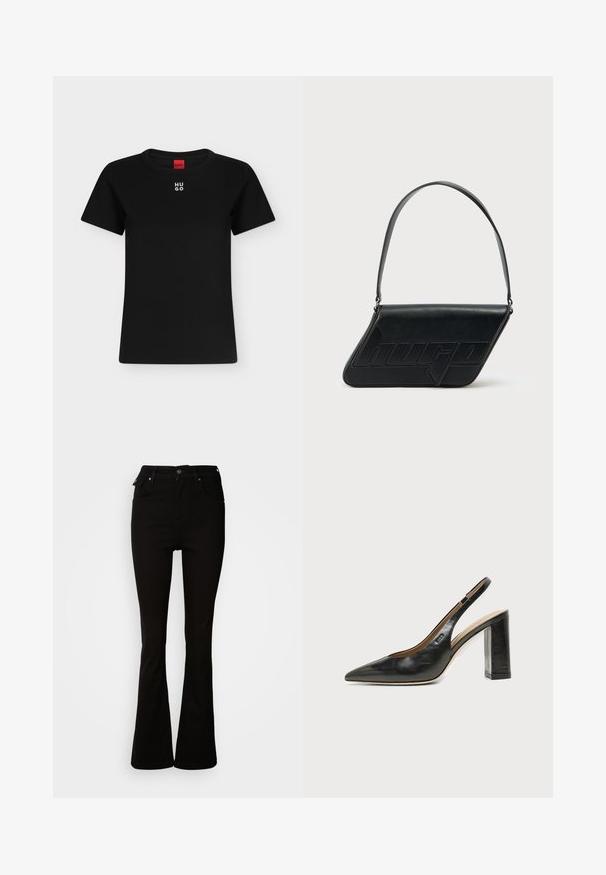 T-shirt noir à manches courtes avec col rond et logo blanc "HUGO" centré près du col, étiquette rouge à l'intérieur de l'encolure.; Jean noir évasé en denim, avec une taille haute, des poches avant, et un design classique à cinq poches avec des accents en métal.; Chaussure slingback en cuir noir à bout pointu avec un talon bloc haut et une doublure intérieure beige sur un fond clair uni.; Sac d'épaule en cuir noir de forme triangulaire, avec un logo embossé et une seule bandoulière réglable. Design minimaliste avec une texture lisse.