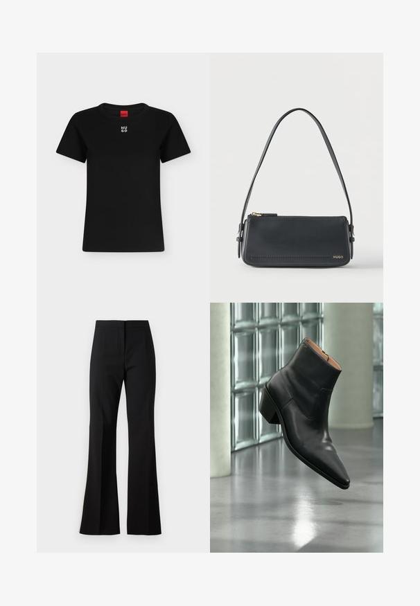 T-shirt noir à manches courtes avec col rond et logo blanc "HUGO" centré près du col, étiquette rouge à l'intérieur de l'encolure.; Pantalon noir évasé en tissu lisse, avec une taille haute, des plis sur le devant et une finition nette aux ourlets.; Bottine en cuir noir avec un bout pointu et un talon carré lévitant au-dessus d'un sol gris réfléchissant près d'un mur en blocs de verre.; Sac à bandoulière rectangulaire en cuir noir avec fermeture éclair dorée et petit logo "HUGO" doré sur le devant, doté d'une sangle réglable avec boucle.