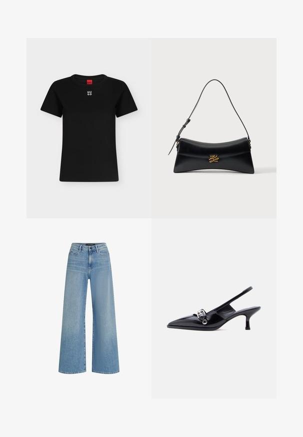 Zwart T-shirt met korte mouwen en ronde hals met wit "HUGO"-logo gecentreerd vlakbij de kraag, rood label binnenin de hals.; Lichtblauwe wijdbeenjeans van denim, met een hoge taille, vijf-pocketontwerp en subtiele vervaging over de stof.; Zwarte slingback kitten heel schoen van lakleer met puntige neus en zilveren gespsluiting op een effen witte achtergrond.; Zwarte leren handtas met gebogen trapeziumvorm, bovenhandvat en gouden decoratieve gesp op de voorflap tegen een witte achtergrond.