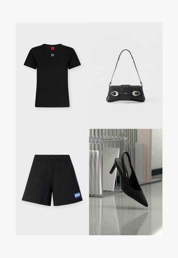 Zwart T-shirt met korte mouwen en ronde hals met wit "HUGO"-logo gecentreerd vlakbij de kraag, rood label binnenin de hals.; Zwarte shorts met een relaxte pasvorm, elastische tailleband en een blauwe "HUGO"-logo op de linkerdij; gemaakt van zacht, ademend materiaal.; Zwart slingbackschoen met hoge hak en puntige neus, hangend in de lucht boven een glanzende vloer met opgestapelde ordners op de achtergrond.; Zwarte leren schoudertas met twee zilveren gespen en een verstelbare band, met het "HUGO"-logo in het midden aan de voorkant.