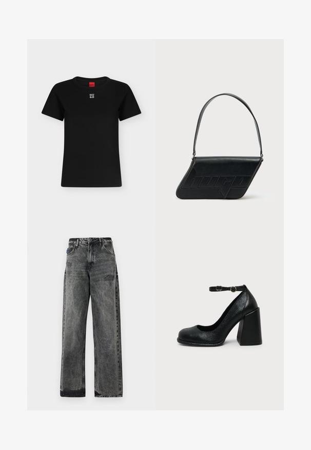 T-shirt noir à manches courtes avec col rond et logo blanc "HUGO" centré près du col, étiquette rouge à l'intérieur de l'encolure.; Jean en denim noir à jambes larges avec un délavage vieilli, des détails déchirés à l'avant et une conception standard à cinq poches.; Chaussure à talon haut en cuir noir avec bout arrondi et bride de cheville réglable avec boucle dorée sur fond uni clair.; Sac d'épaule en cuir noir de forme triangulaire, avec un logo embossé et une seule bandoulière réglable. Design minimaliste avec une texture lisse.