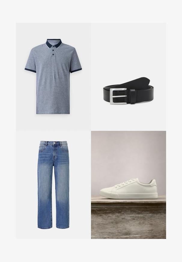 Polo de manga corta gris con cuello y puños en azul marino. Presenta tres botones negros y una sutil textura jaspeada.; Jeans de mezclilla de pierna ancha en azul claro con un patrón de desvanecimiento, cinco bolsillos y cierre de cremallera. Presenta un botón y passadores para el cinturón en la cintura.; Zapatilla blanca con cordones flotando sobre un banco de madera con follaje verde al fondo, mostrando el diseño y la textura del zapato.; Cinturón de cuero negro con una textura lisa, hebilla rectangular de plata y un lazo para el extremo. Presenta una costura ordenada a lo largo de los bordes.