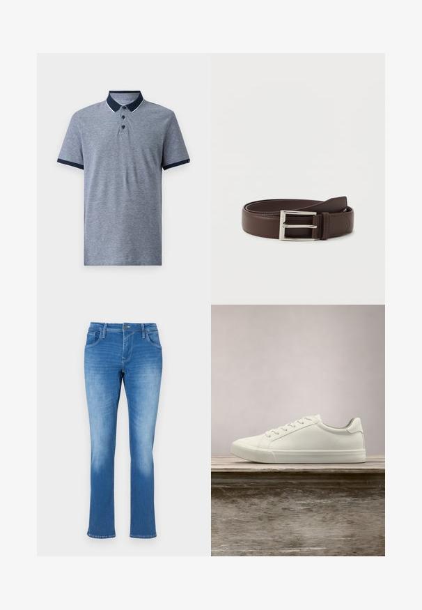 Polo gris à manches courtes avec un col et des poignets de manche navy. Il dispose de trois boutons noirs et d'une texture chinée discrète.; Jean en denim bleu avec coupe droite, doté de cinq poches, d'une fermeture à glissière et de coutures contrastées. Le tissu a un lavage moyen avec des décolorations.; Sneaker en dentelle blanche flottant au-dessus d'un banc en bois avec un feuillage vert en arrière-plan, mettant en valeur le design et la texture de la chaussure.; Ceinture en cuir marron foncé avec une boucle rectangulaire en argent, soigneusement enroulée sur un fond blanc uni.